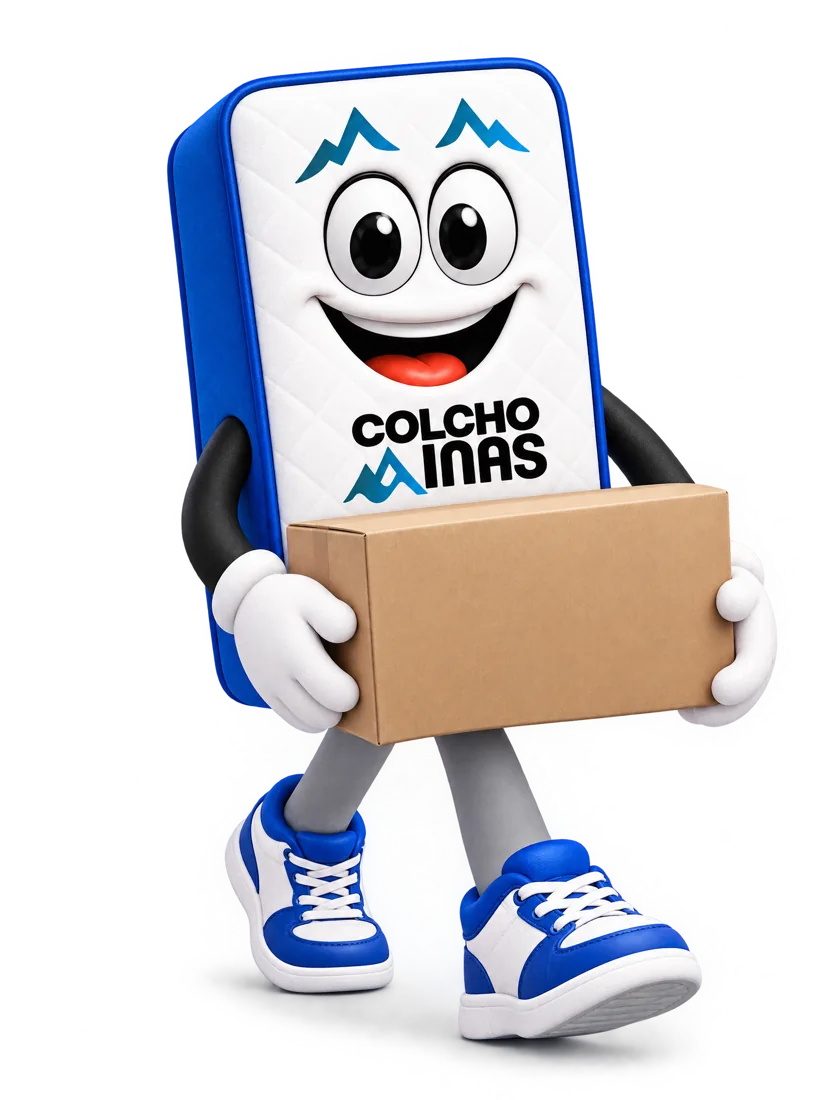 O mascote da Colchominas levando uma caixa