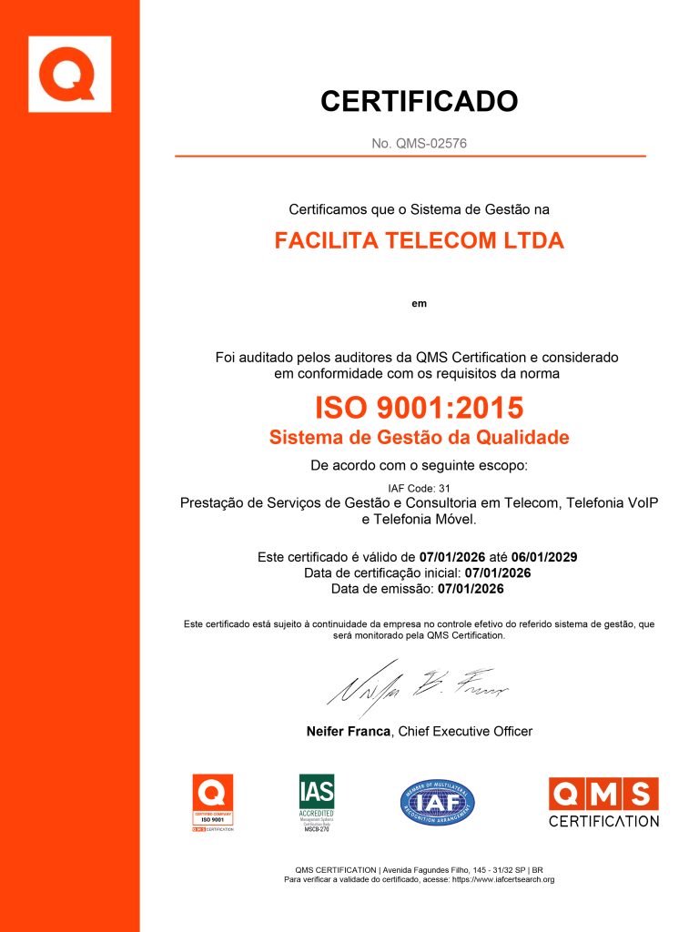 Certificado ISO 9001:2015 da Facilita Telecom