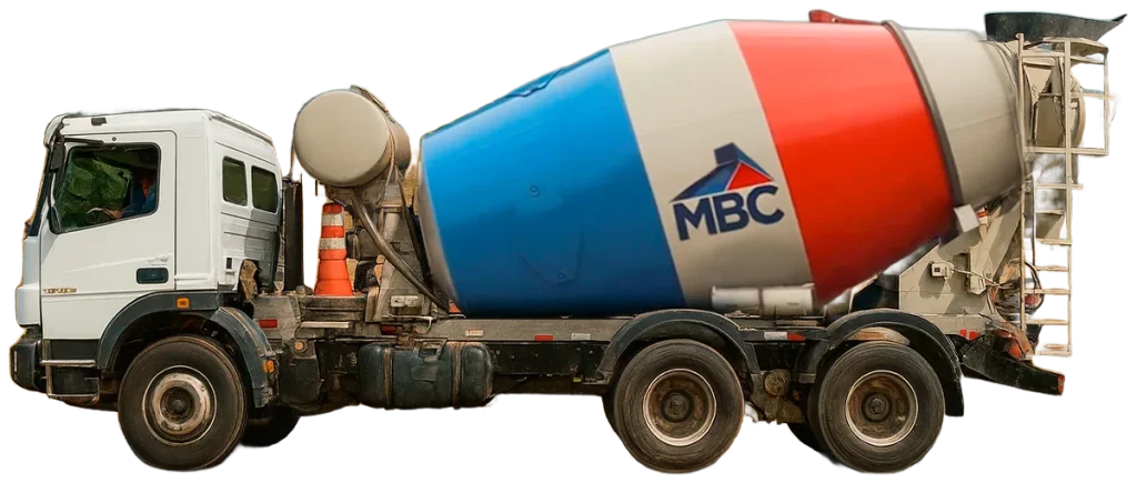 Caminhão-betoneira da MBC com o balão vermelho, branco e azul