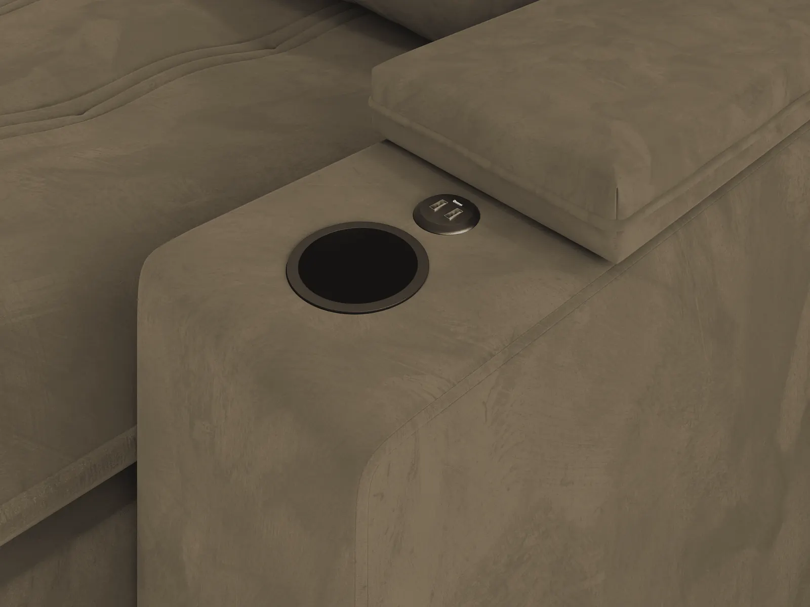 Detalhe do braço do modelo 6067: porta-copos e carregador USB