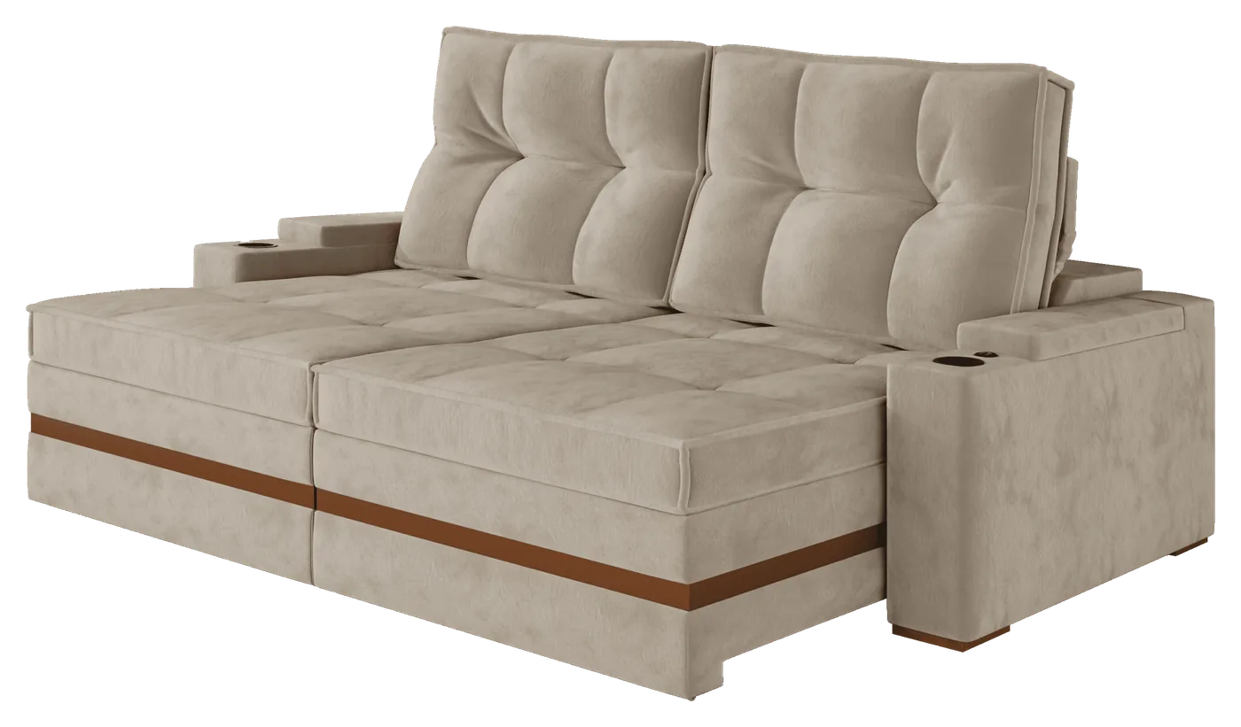 Estofado retrátil/reclinável 6068 da Lufer, com assento aberto e braços com porta-copos
