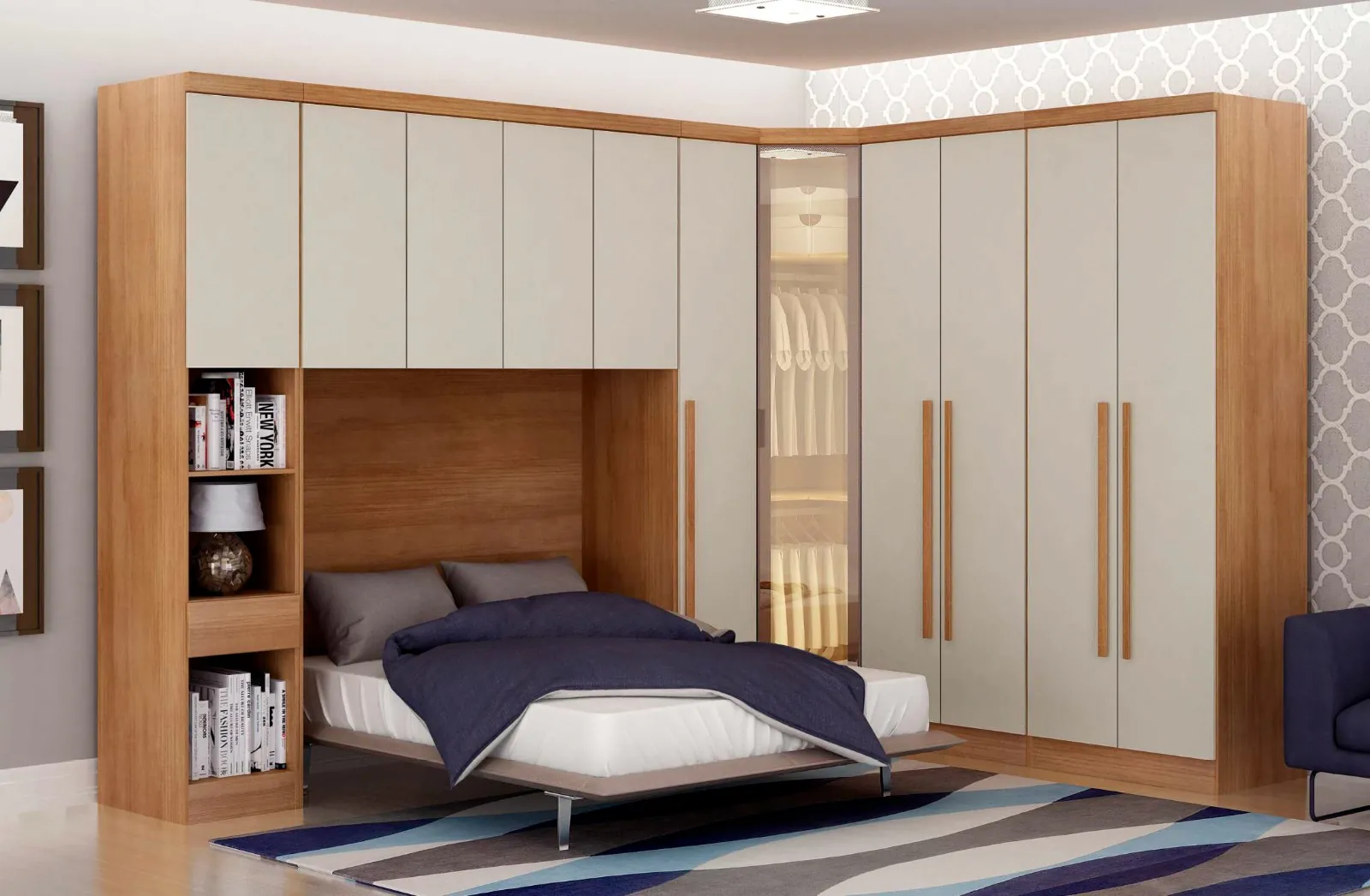 Quarto com o Modulado Casal Novo Horizonte em Cumaru Fendi, aéreo sobre a cama e canto com porta de vidro