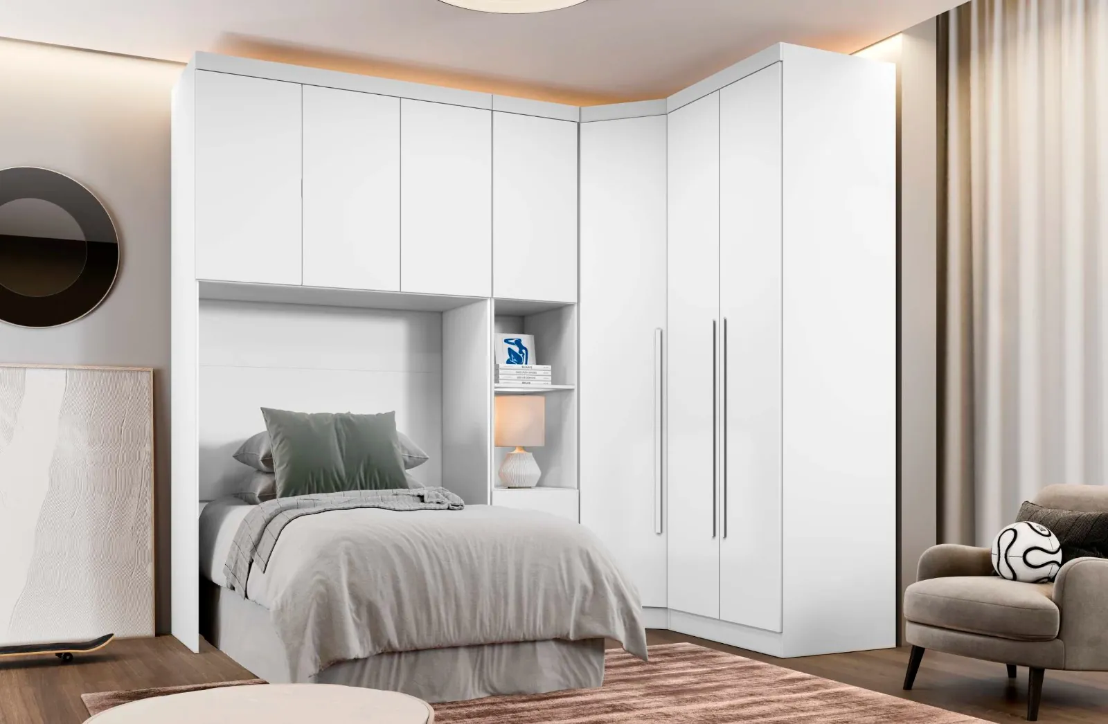 Quarto com modulado Novo Horizonte no acabamento Neve, com aéreo sobre a cama