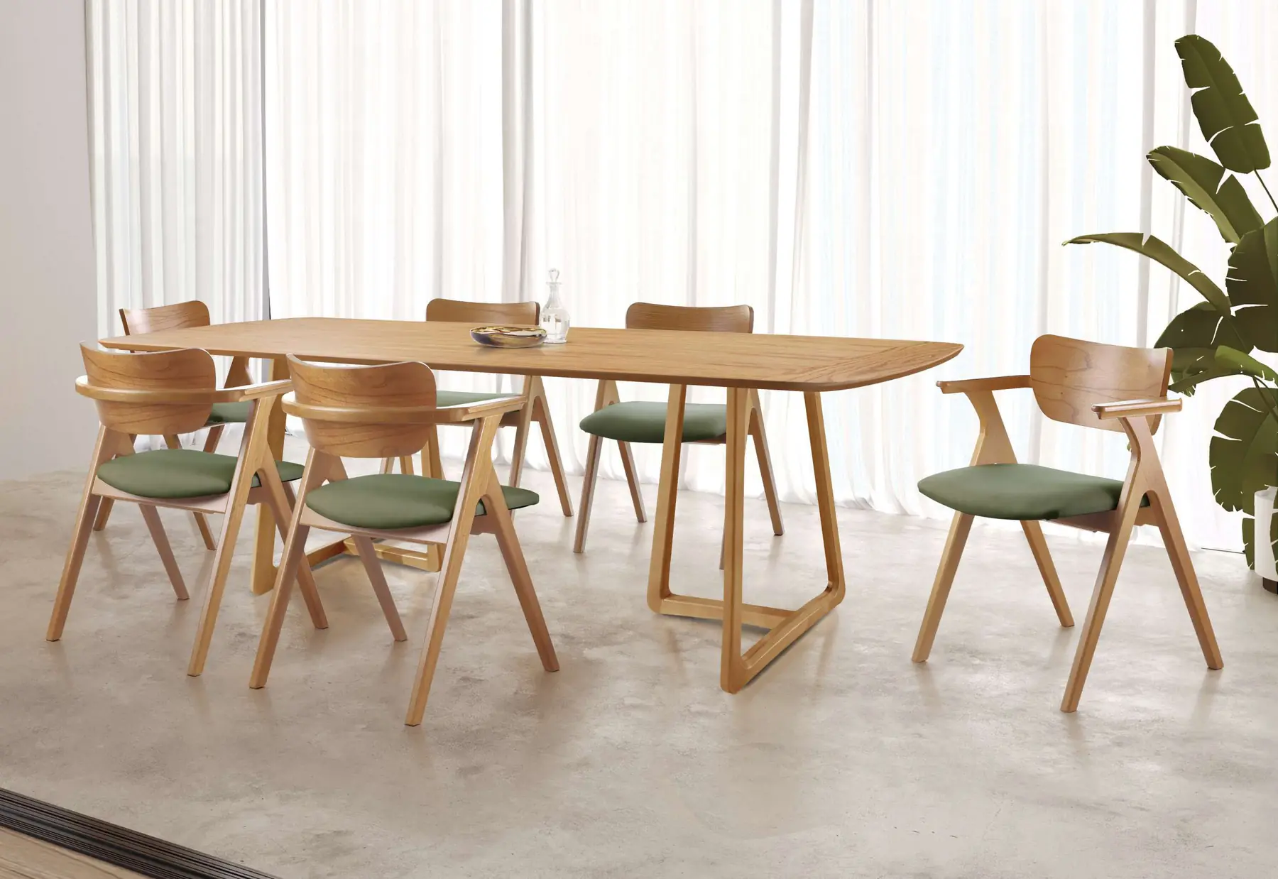 Sala de jantar com a Mesa Aurora e as cadeiras Zara de assento verde, da Rafana