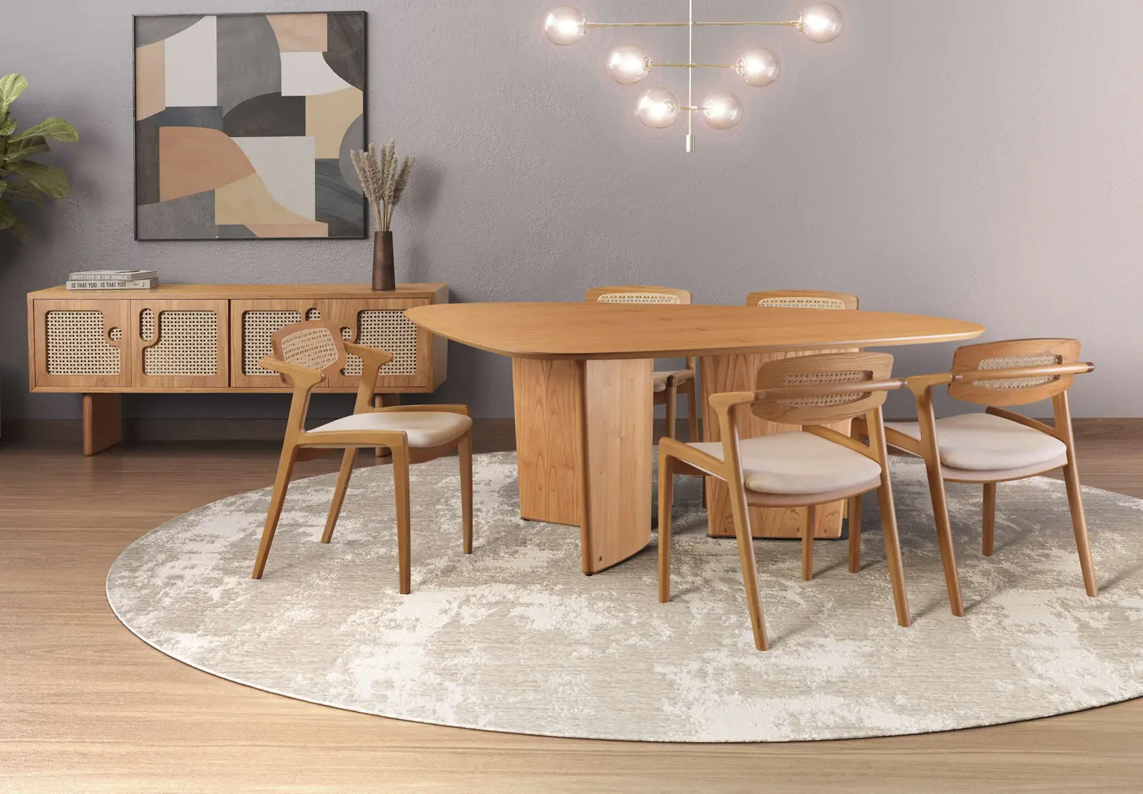 Sala de jantar Rafana com mesa Manacá, cadeiras Iris e buffet Cereus