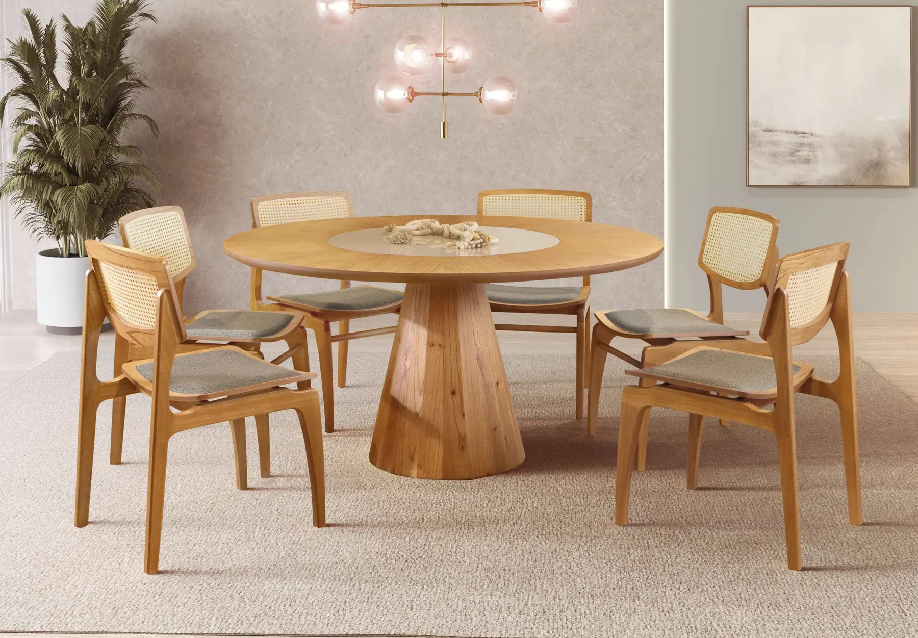 Sala de jantar com a Mesa Allure redonda e cadeiras Pérola com encosto de tela, da Rafana