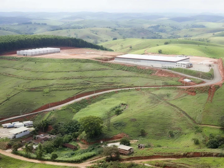 Vista aérea da fábrica da Móveis Teixeira entre os morros de Rodeiro, MG