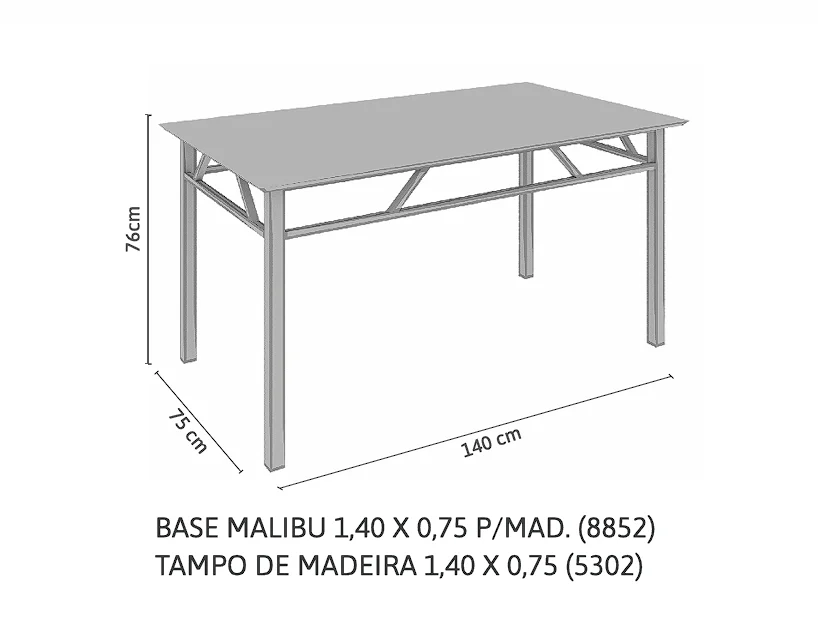 Desenho técnico da base Malibu 1,40 × 0,75 m (8852) com tampo de madeira (5302)
